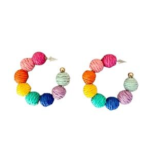 Raffia Grass Rainbow Beaded Hoop Earrings
